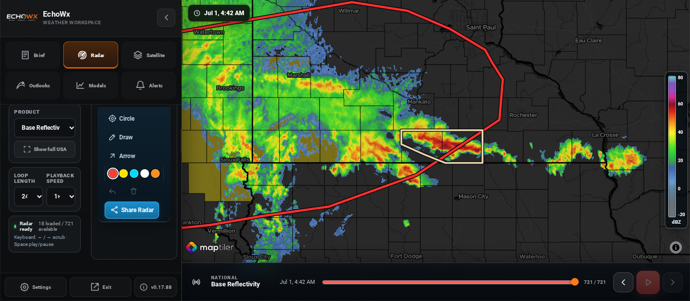 Actual EchoWx radar workspace showing live reflectivity, warning polygons, map drawing tools, and playback controls